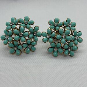Vintage 50-60s Floral Cluster Clip On Earrings with Clear Rhinestones Turquoise